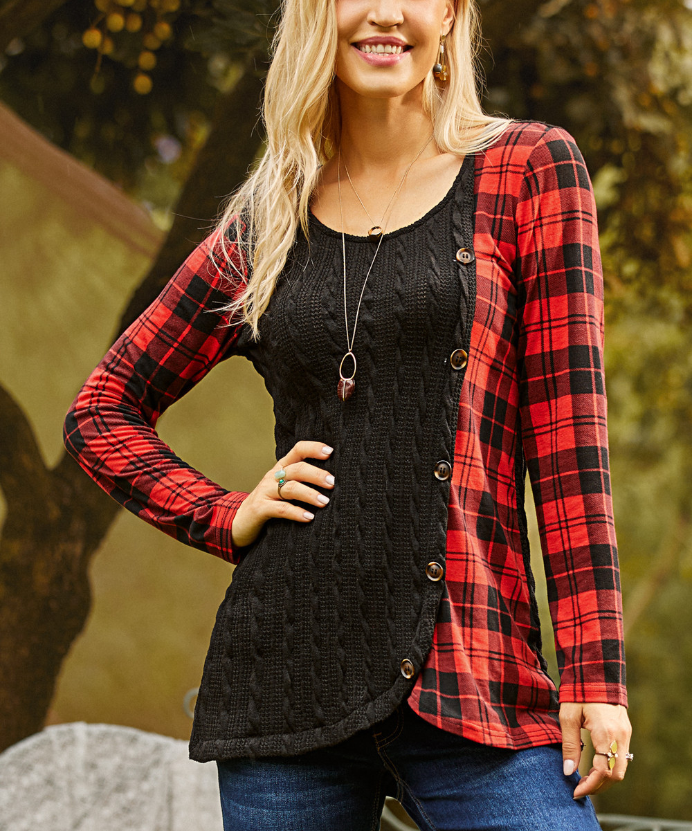 Suzanne Betro Women's Tunics 101BLACK/RED - Black & Red Plaid Cable-Stitch Long-Sleeve Scoop Neck To | Zulily