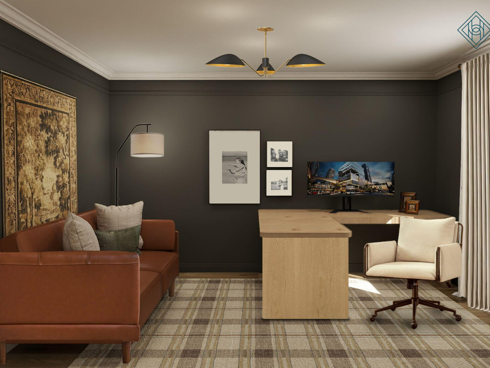 A home office that blends bold design with everyday function. 🖤✨

Moody walls, warm wood tones, and rich leather accents create a sophisticated workspace that's both productive and inviting. A spacious desk offers plenty of room to work, while an arched cabinet adds beautiful storage and display space. A plaid rug grounds the room with timeless texture, and a leather sofa, layered lighting, and a vintage-inspired tapestry bring warmth and personality. Black-and-white family photos complete the space with a meaningful, personal touch.

A workspace designed to inspire focus without sacrificing style. 

 #HomeOffice #MasculineDesign #OfficeInspo #InteriorDesign #HomeDecor #MoodyInteriors #WorkspaceGoals #LTKCreator

#LTKHome
