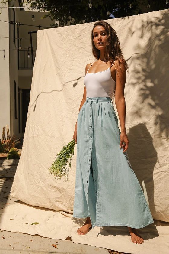 Baez Blue Chambray Maxi Skirt | Lulus (US)