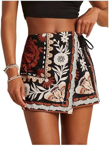 Women's Floral Graphic Skirt Shorts Drawstring Waist Tropical Boho Wrap Skorts | Amazon (US)