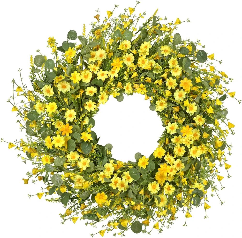 24 Inch Artificial Daisy Flower Spring Wreath with Eucalyptus Green Leaves Wreath Farmhouse Wreat... | Amazon (US)