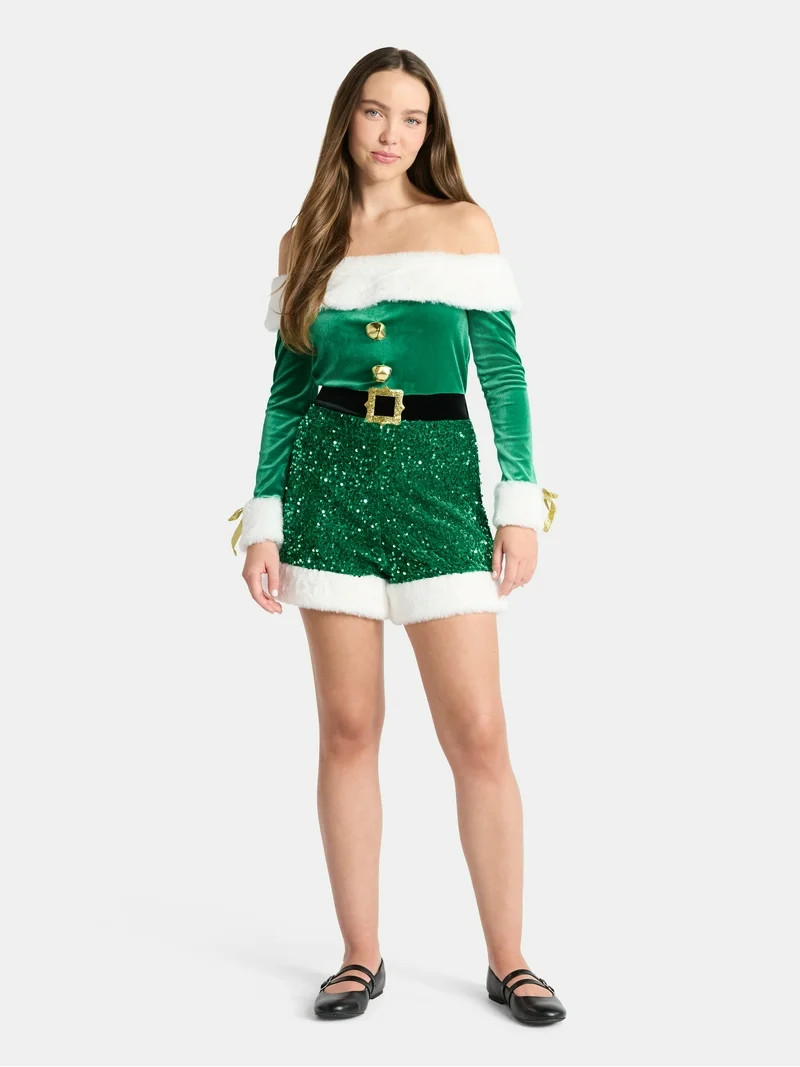 No Boundaries Christmas Elf Romper with Faux Fur, Women’s | Walmart (US)