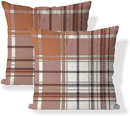 Set of 2 Fall Pillow Covers Autumn Decorative Throw Pillow Cases 18x18 Inch Orange Grey Plaids Cu... | Amazon (US)