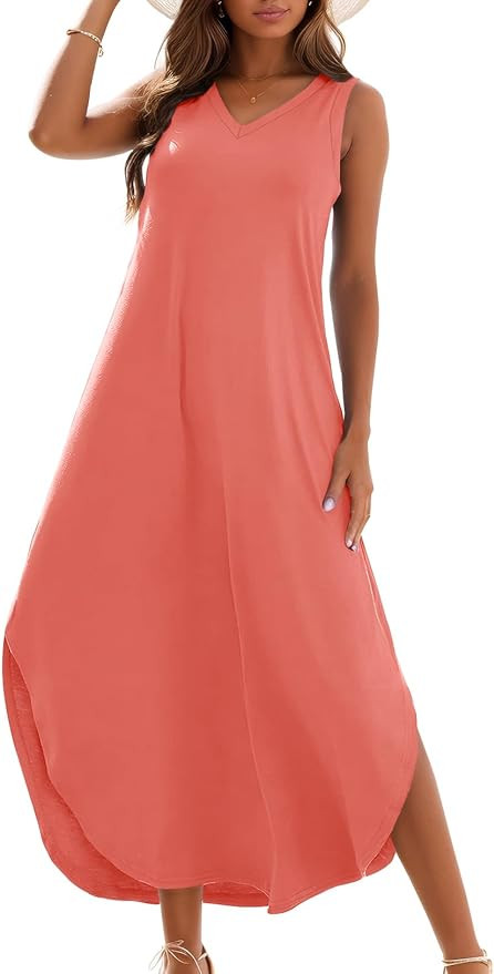 Zilcremo Women's Summer Casual Loose Sundress Long Dress Sleeveless V Neck Split Tshirt Maxi Dres... | Amazon (US)