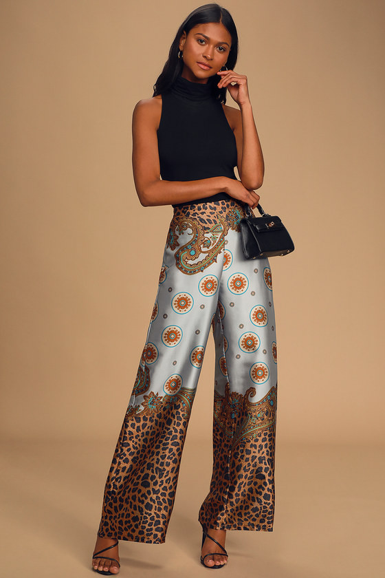 Island Getaway Blue Multi Scarf Print Satin Wide-Leg Pants | Lulus (US)