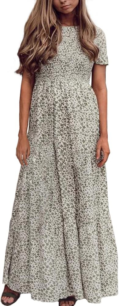 Zattcas Womens Summer Casual Short Sleeve Bohemian Floral Tiered Maxi Dress | Amazon (US)
