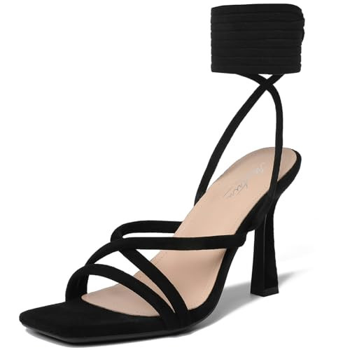 Mostrin Black Strappy Heels for Women Suede Lace Up Heels Sexy Tie Up Square Open Toe Stiletto High Heeled Sandals for Prom, Party Size 11 | Amazon (US)