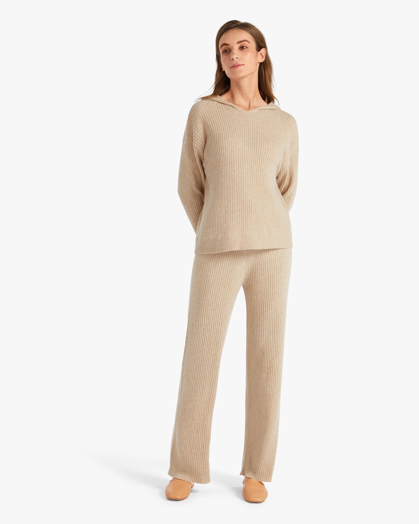 Ribbed Pure Cashmere Hoodie Light Apricot M | LilySilk