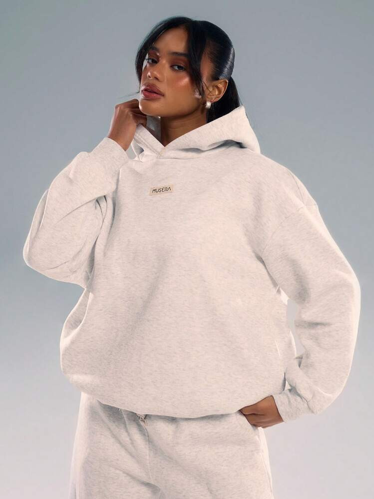 MUSERA Logo Text Embroidery Patch Oversized Hoodie Relaxed Sweatshirt Back To School Autumn Winter Cosy Fall Christmas Cute Casual Everyday Y2K Streetwear Capsule Wardrobe Grey | SHEIN