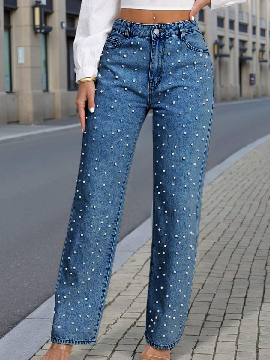 Elegant Ladies Pearl Detailed Denim Jeans Long Non-Stretch Straight Leg Pants With Button And Poc... | SHEIN