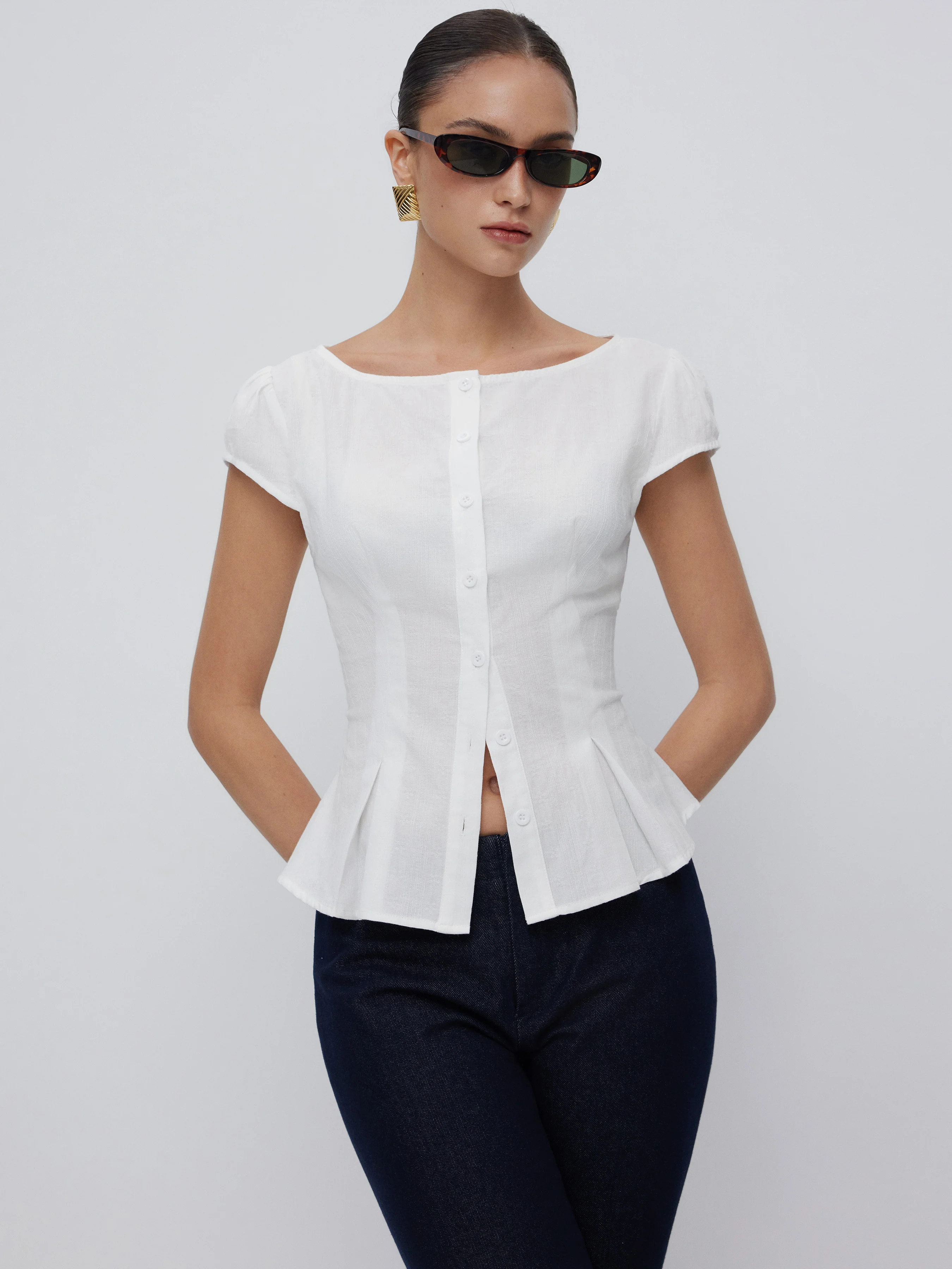 Woven Cotton-blend Textured Boat Neck Puff Sleeve Button Through Peplum Blouse For Daily Casual W... | Cider