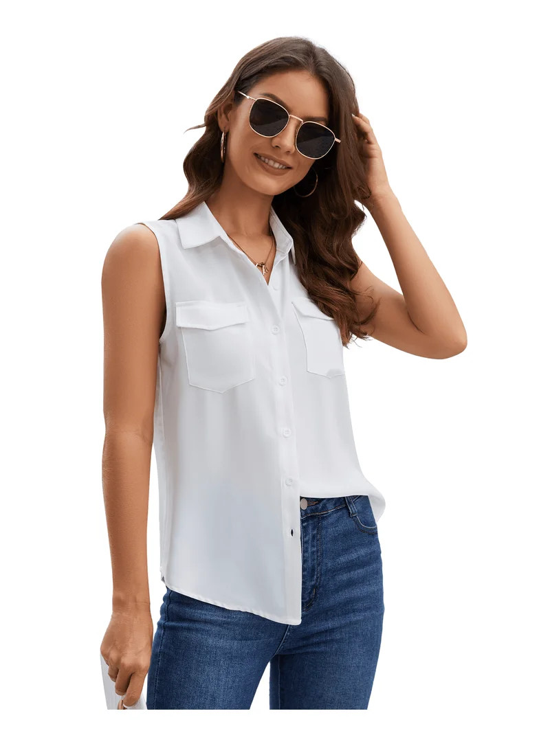 SPRING SEAON Women's Sleeveless Button Down Shirts Blouses Solid Casual Tank Top Loose V Neck Sum... | Walmart (US)