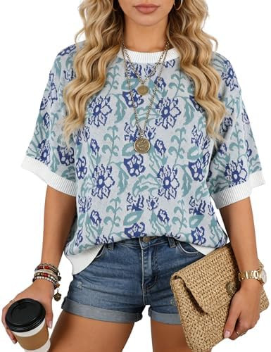 MINSURE Women's Short Sleeve Floral Sweater Loose Casual Boho Crewneck Knit Pullover Top 2026 Sum... | Amazon (US)