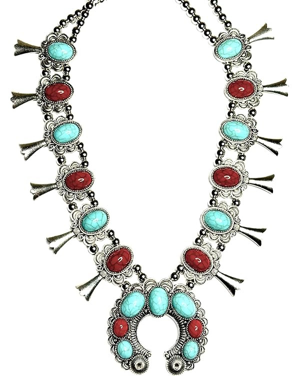 Red and turquoise stone squash blossom flower bib necklace | Amazon (US)