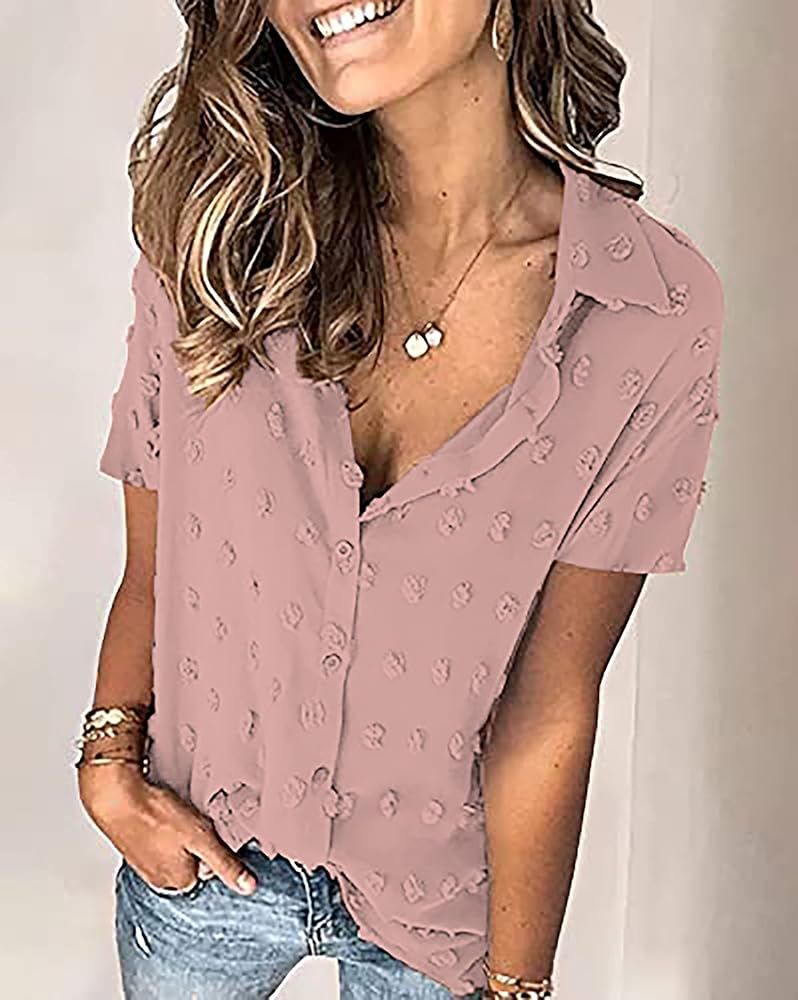 BTFBM Women's Casual Chiffon Summer Tops V Neck Short Sleeves Cute Swiss Dot Solid Color Button Down | Amazon (US)
