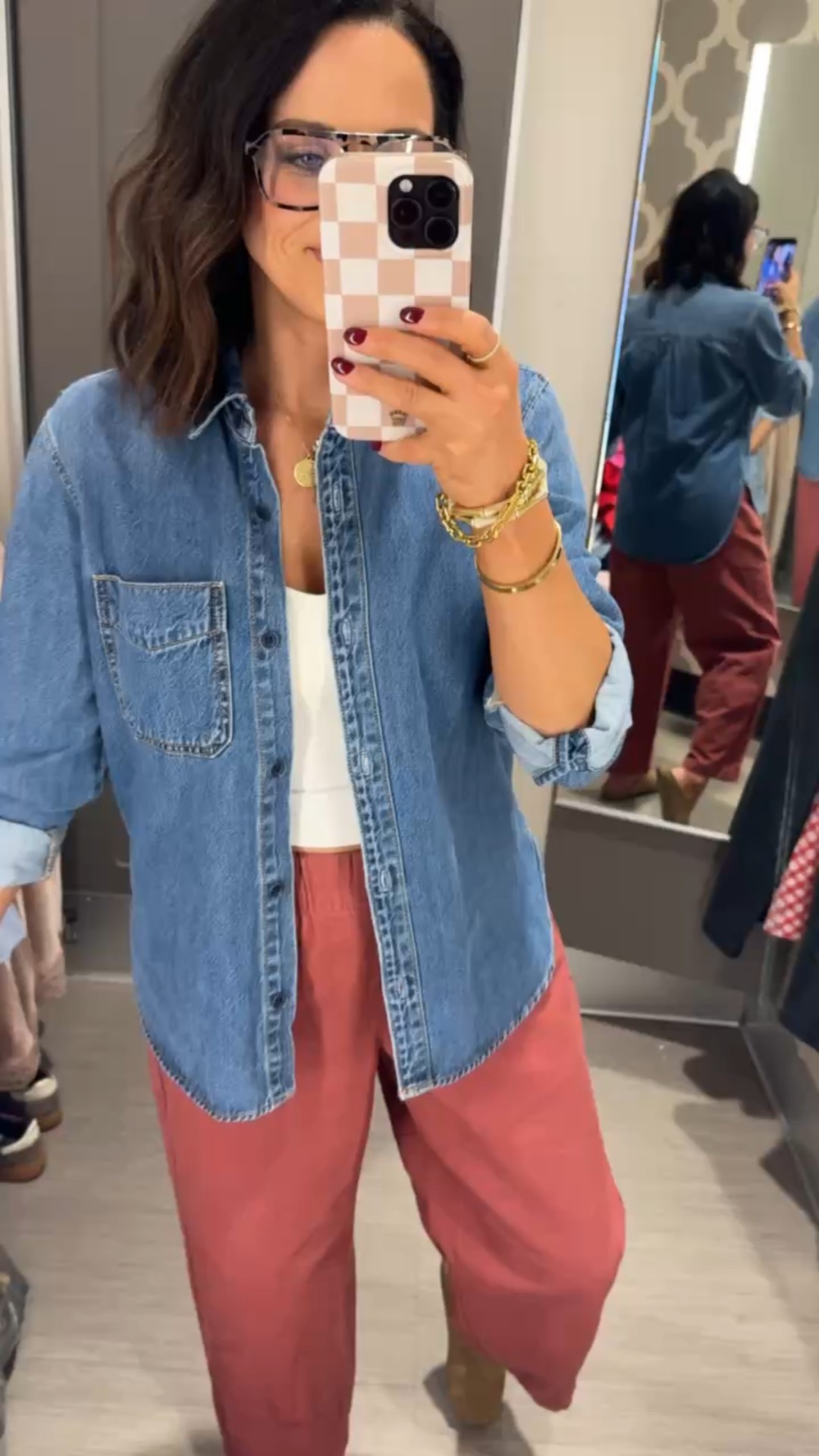 These barrel leg pull on pants from Target are seriously so cute! I love the stretchy waistband and that they’re petite friendly!
Denim shirt, casual outfit inspo, spring transition outfit, lunch date outfit, busy mom look, VintagePickin

#LTKSeasonal #LTKootd #LTKmomlife