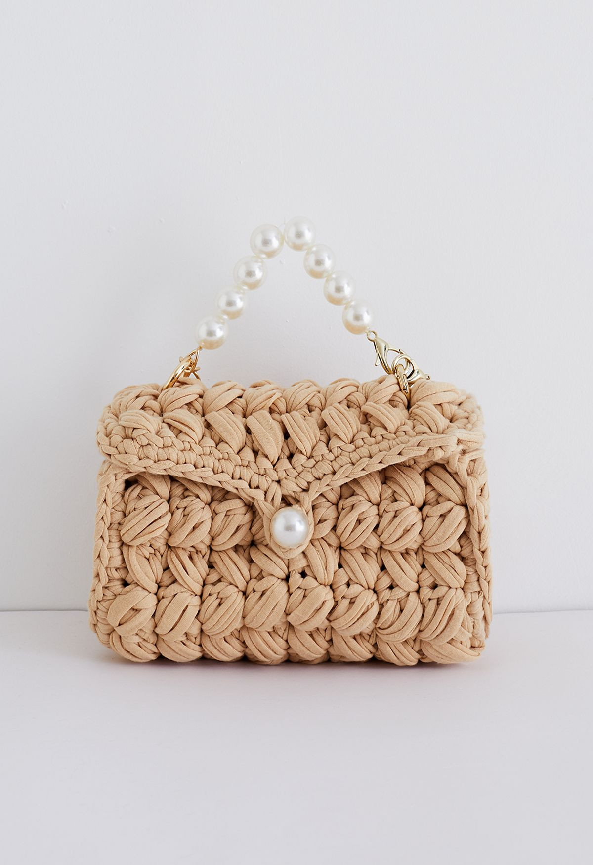 Pearl Chain Braided Chunky Knit Mini Bag in Tan | Chicwish