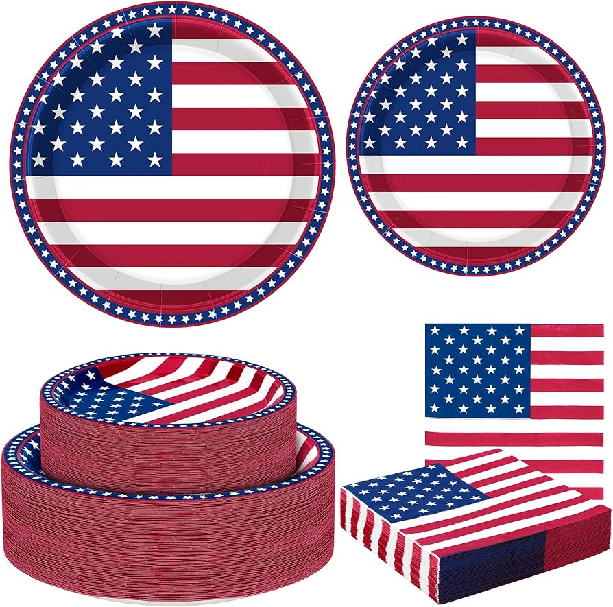 QZYL 150 Pcs 4th of July Party Supplies, Serve 50 Patriotic American Flag Party Tableware Set Pap... | Amazon (US)