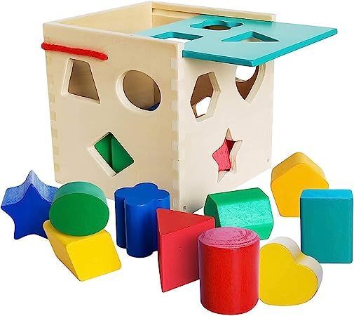 Premium Wooden Shape Sorter Toy with Sliding Lid & Carrying Strap 12 Color Solid Wood Geometric S... | Amazon (US)