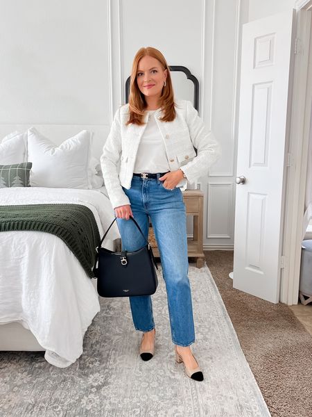 Nothing like a casual classic chic look🤍 the jeans are my favorite Abercrombie jeans and this tweed jacket just helps elevate the whole look! 

Sizing:
Jeans - 27 (I get short because I am 5’3)
Tshirt - small
Tweed jacket - small
Heels - TTS

#LTKfindsunder100 #LTKSpringSale #LTKstyletip