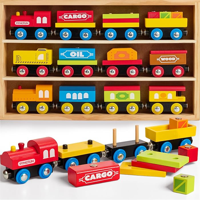 Montessori Wooden Train Toy Set for Kids, 12PCS Magnetic Train Cars with Storage Gift Box, STEM E... | Amazon (US)