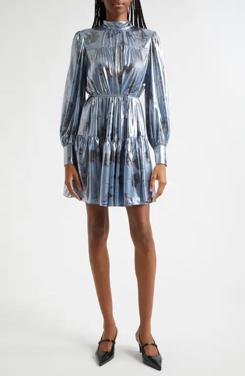Cinq à Sept Farha Metallic Floral Long Sleeve Tiered Dress in Rustic Blue Multi at Nordstrom, Size 0 | Nordstrom