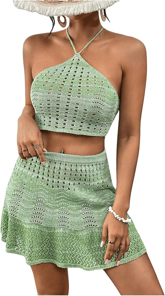 Verdusa Women's Swimsuit Cover Up Set Hollow Out Halter Top and Skirt 2 Piece Outfit | Amazon (US)