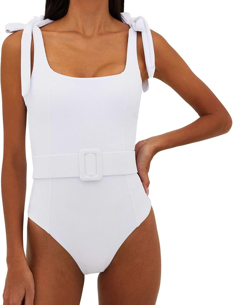Women' s One Piece Swimsuit Square Neck Belted Bikini Ribbed Tie Shoulder Bathing Suit Tummy Cont... | Amazon (US)