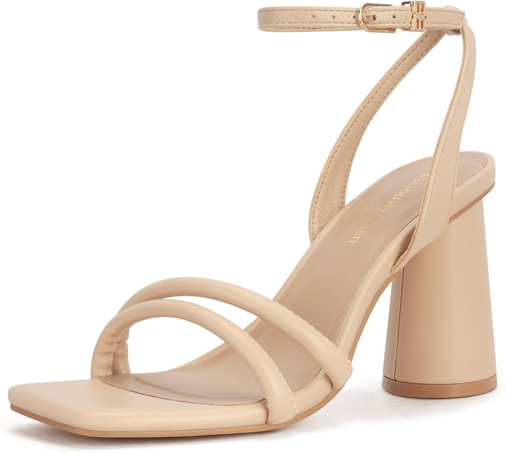 Women's Block High Heels Square Toe Heeled Sandals Ankle Strap Shoes | Amazon (US)