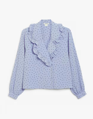Monki Marian dot print ruffle collar blouse in blue | ASOS (Global)