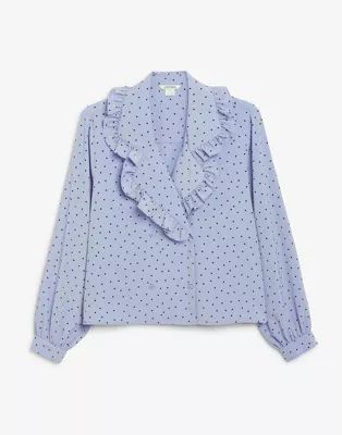 Monki Marian dot print ruffle collar blouse in blue | ASOS (Global)