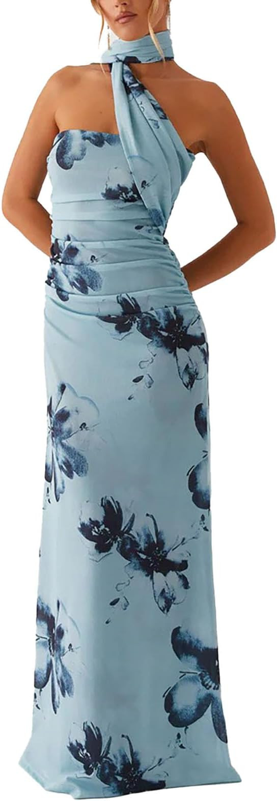 Women Summer Dress Floral Formal Wedding Guest Dress Strapless Tube Dress with Scarf Cocktail Lon... | Amazon (US)