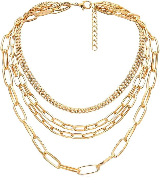 Layered Chain Necklaces for women 18 Inch Gold Plated Paperclip Chain Silver Tone Choker Necklace... | Amazon (US)