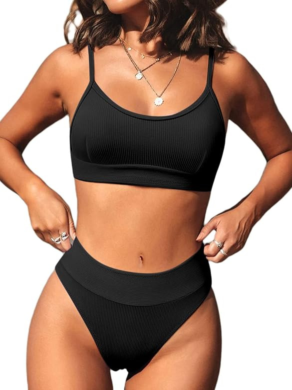 Hilinker Women's Ribbed Knit Bikini Swimsuits High Waisted 2 Piece Bathing Suit | Amazon (US)