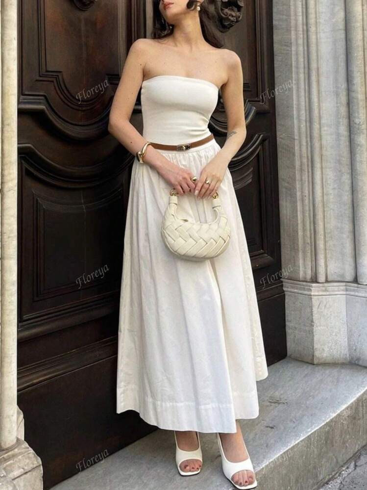 Floreya White Strapless Dress, Elegant French Style Vintage High-End Waisted A-Line Long Dress + ... | SHEIN