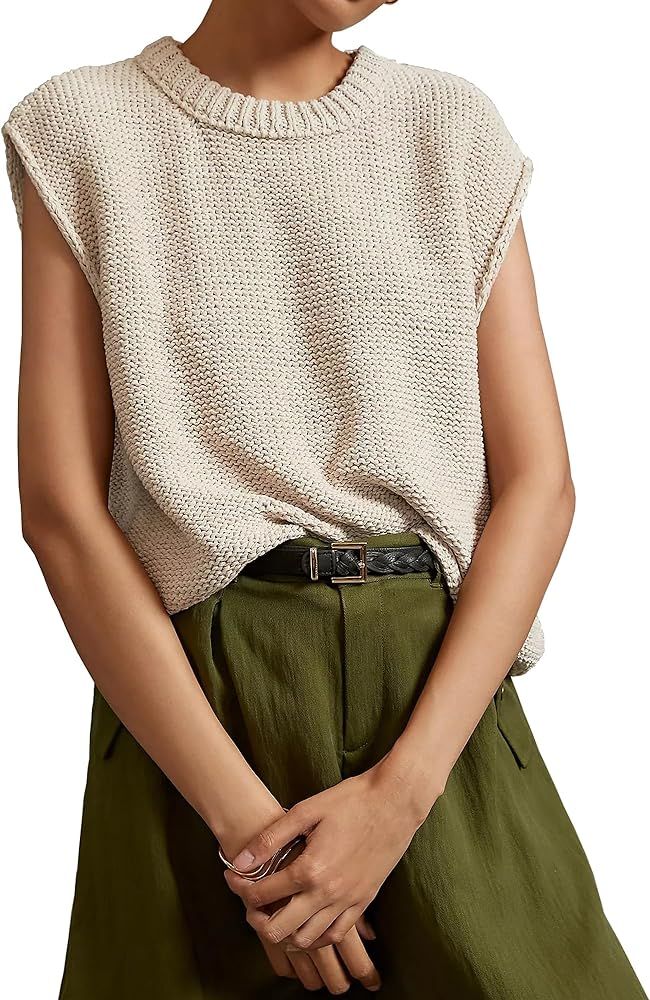 Locachy Women's Vintage Crew Neck Sweater Vest Casual Cropped Sleeveless Knit Pullover Top | Amazon (US)