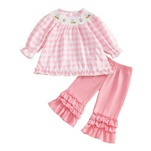 BemeyourBBs Toddler Baby Girl Easter Outfits Long Sleeve Shirts Tunic Top and Ruffle Pants Set Cute Infant Clothes (Smocked Bunny Pink, 2-3T) | Amazon (US)