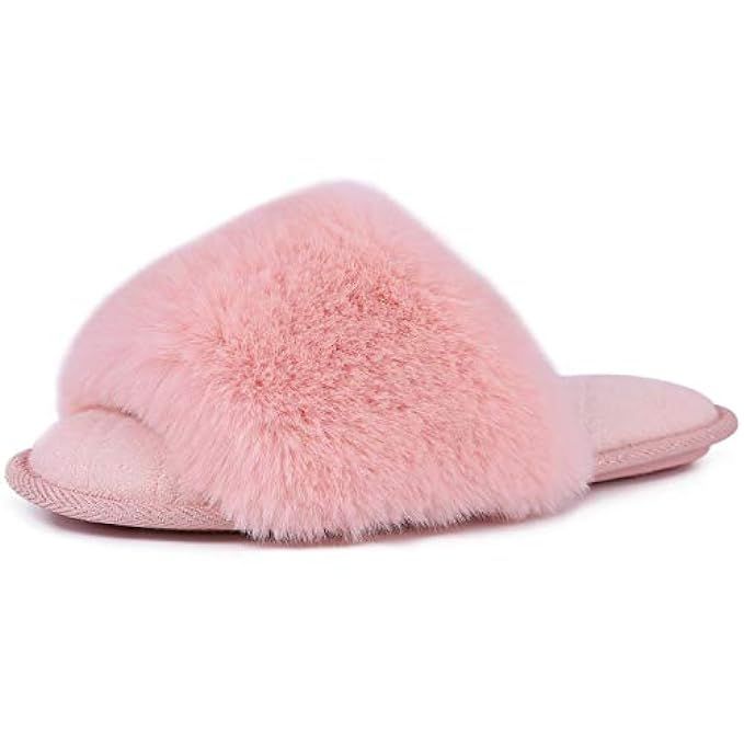 LongBay Women's Faux Bunny Fur Memory Foam House Slippers Cute Comfy Flat Slide Sandals Cozy House S | Amazon (US)