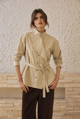 Alexie Cotton Robe Shirt - Khaki Striped | Petite Studio NYC