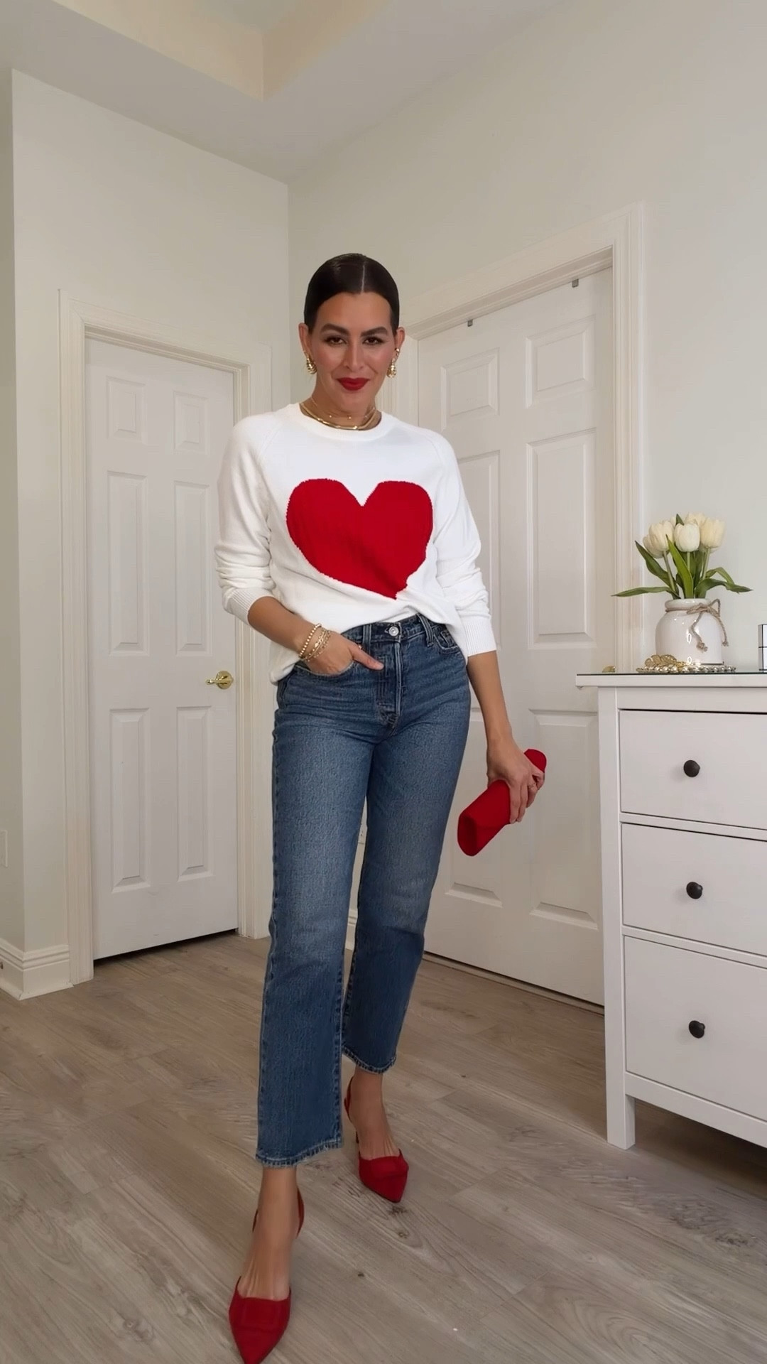 Size s in sweaters, size 27 in blue jeans. Size 25 in black cropped jeans and 26 in wide leg. 

#LTKNYFW #LTKValentine #LTKootd