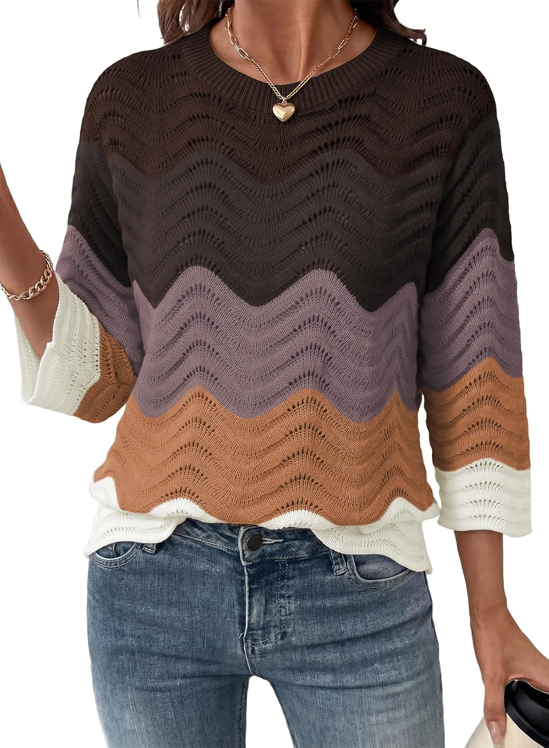 Dokotoo Sweaters for Women 3/4 Sleeve Crochet Wave Crewneck Sweater Tops | Amazon (US)