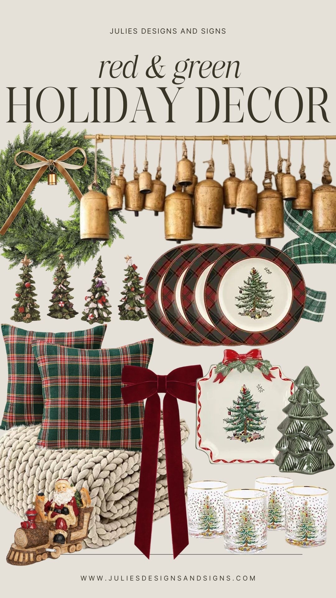 red and green holiday decor from walmart, target and amazon! vintage christmas holiday decor with big brass bells, plaid pillows, vintage dishes and cozy blankets! 

#LTKHoliday #LTKGiftGuide #LTKHome