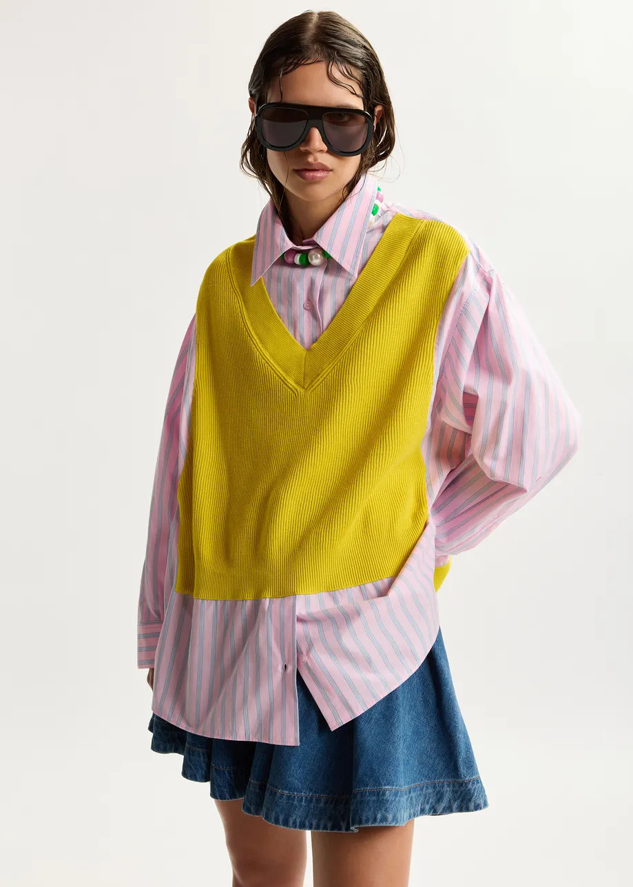 Yellow, light pink and light blue knit-panel oversized shirt | Essentiel Antwerp United States | Essentiel Antwerp