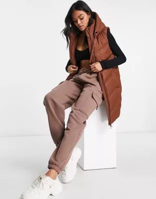 Threadbare Vamp longline padded vest with hood in mid brown | ASOS (Global)