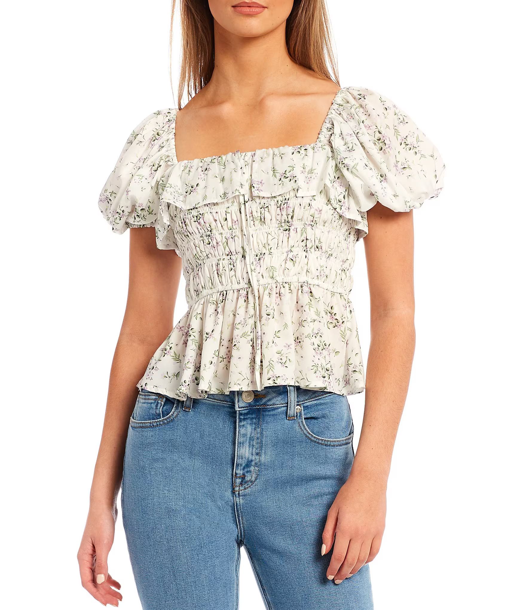 Shayla Short Puff Sleeve Square Neck Floral Print Poplin Peplum Blouse | Dillard's