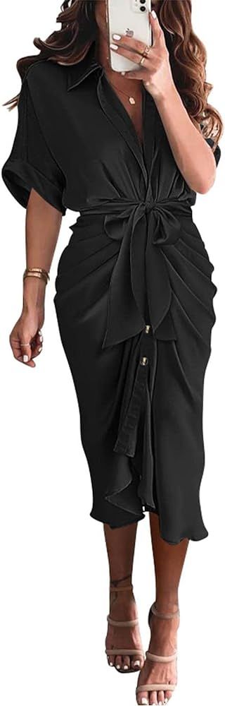 Women 2023 Button Down Ruched Shirt Dresses Short Sleeve Lapel V Neck Elegant Party Spring Summer... | Amazon (US)
