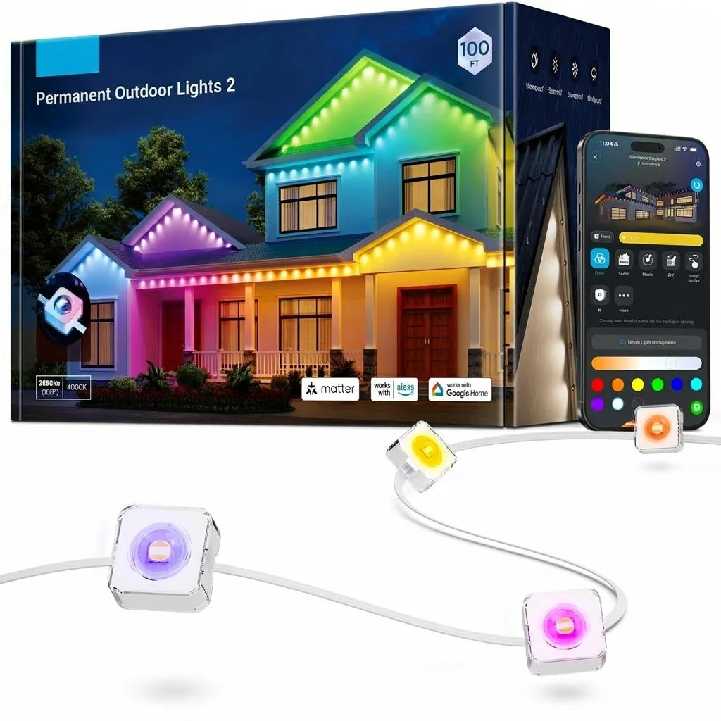 Lukvuzo Permanent Outdoor Lights 100ft RGBIC LED 72 Lights IP67 Waterproof 100 Scene Modes 40lm White Smart Control Works with Alexa Google | Lowe's