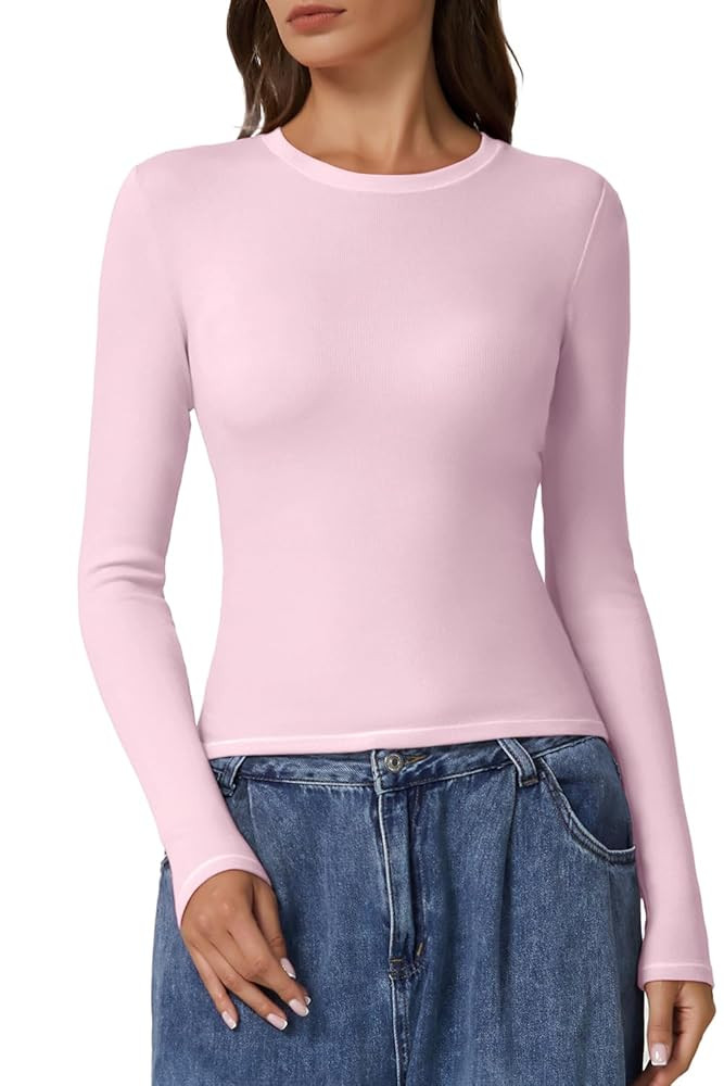 QINSEN Long Sleeve Shirts for Women Crewneck Rib Knit Slim Fit Going Out Tops Casual Basic Tee | Amazon (US)