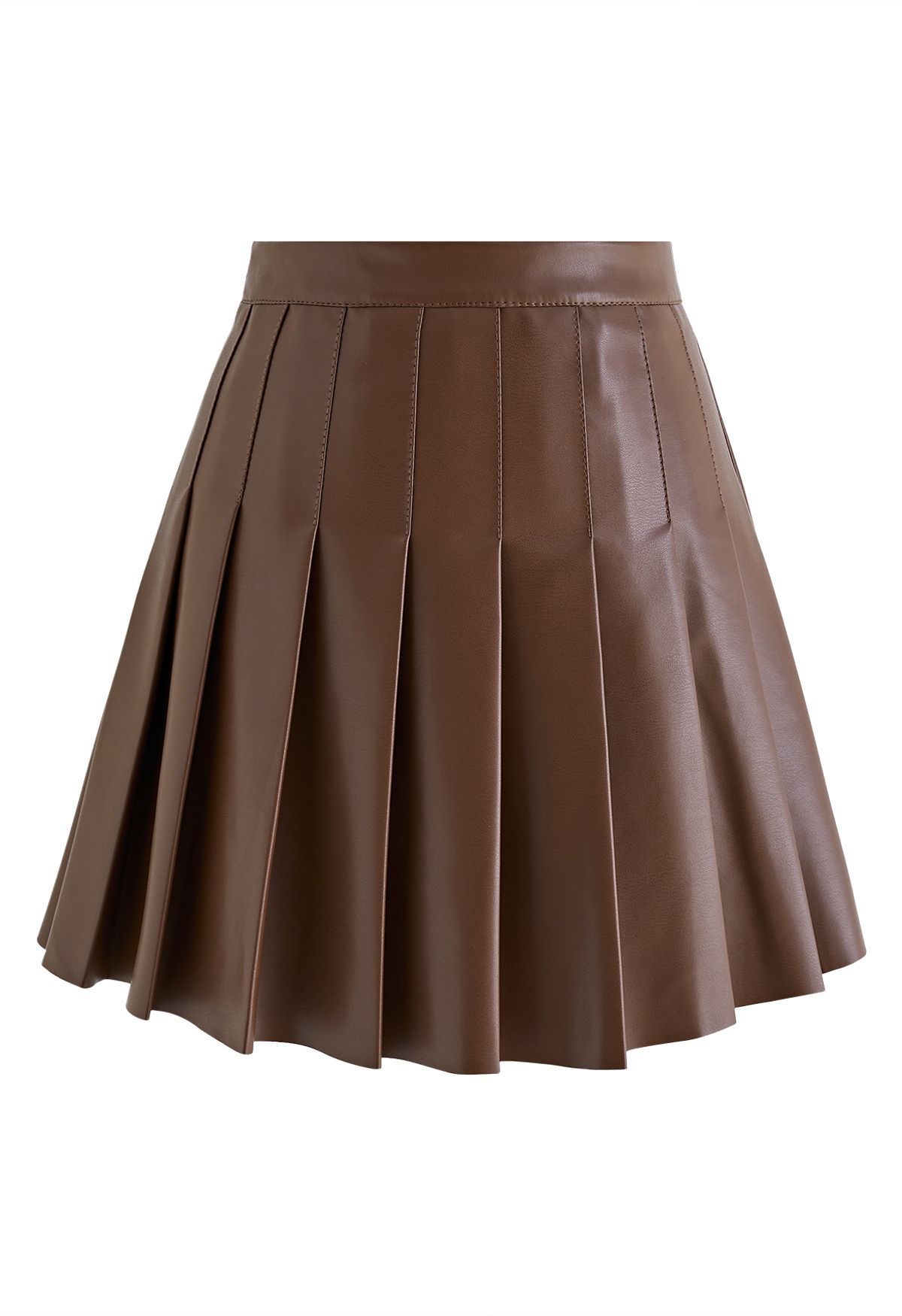 Faux Leather Pleated Flare Mini Skirt in Brown | Chicwish