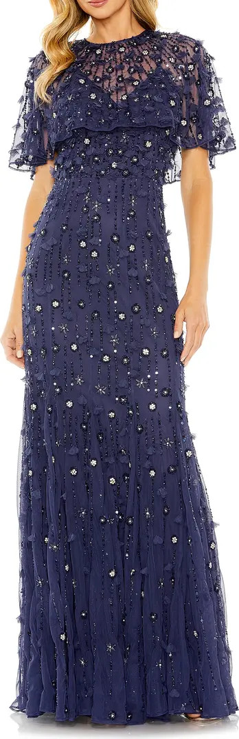 Beaded Floral Appliqué Tulle Capelet Gown | Nordstrom